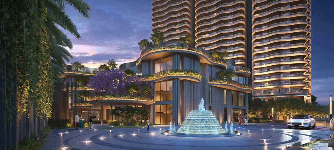 Clubhouse forecourt and towers of Great Value Ekanam at dusk, Sector 107 Noida