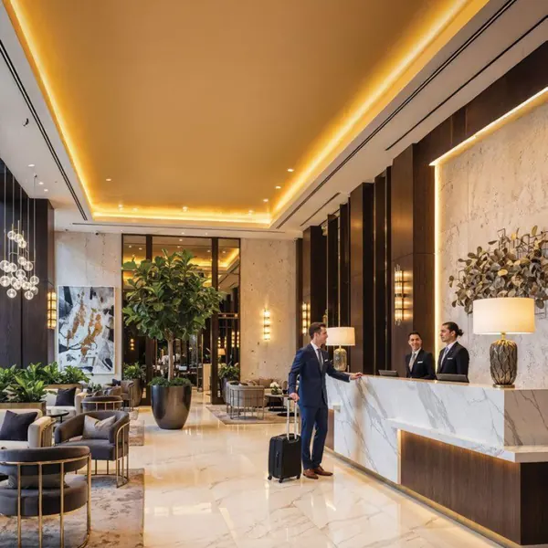 Hotel-style lobby with reception desk (representative stock image, as used in the Ekanam brochure)